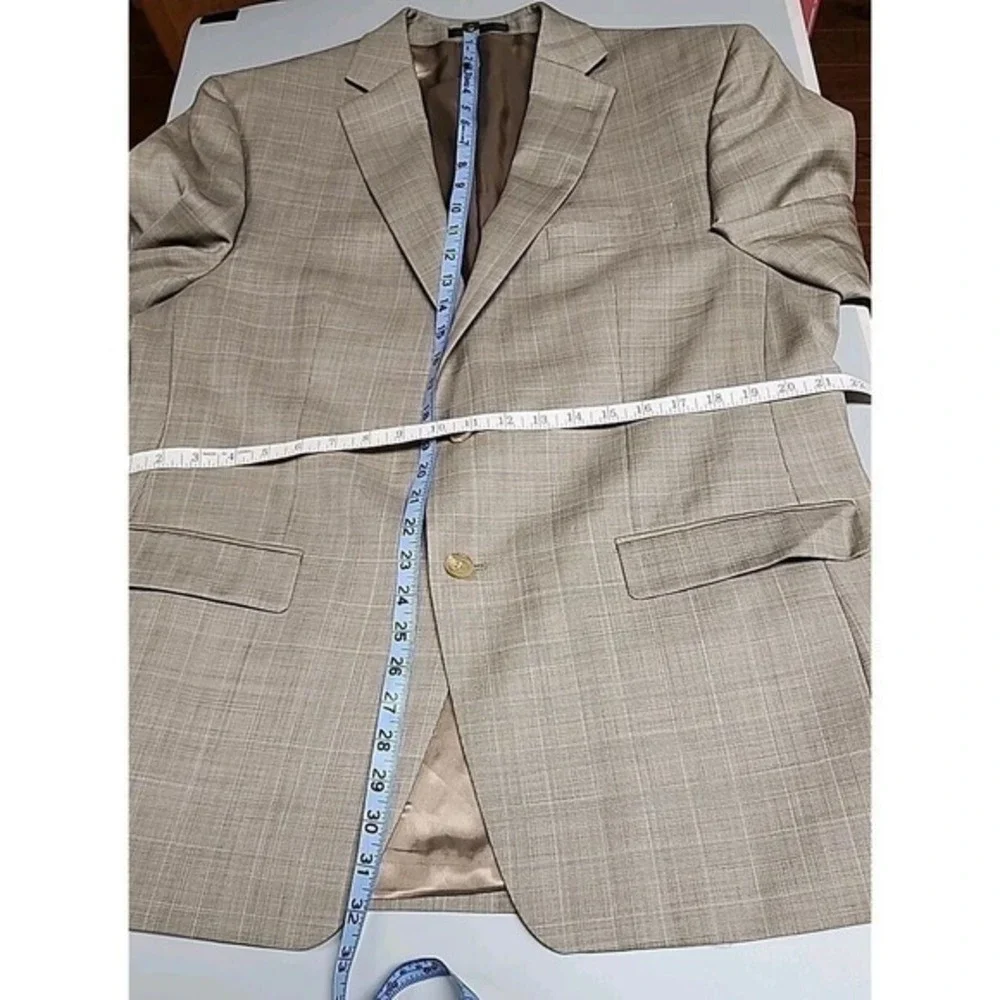 Ralph Lauren mens  taupe tan plaid blue windowpane wool blazer‎ jacket sz 44R
